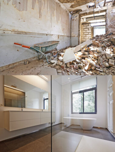 Renovation of a bathroom Before and after Bathtub in corian, Faucet and shower in tiled bathroom , Renovation Before and after